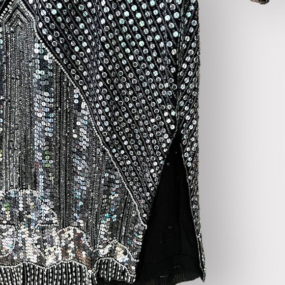 Vintage Sho Max Size S Silver Sequin Beaded Silk Long Sleeve Midi Disco Dress - Picture 11 of 12